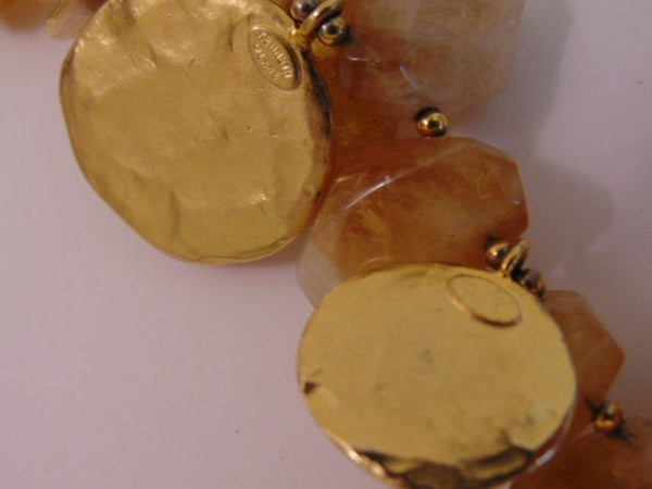 Vintage KJL Citrine Nugget Bib Necklace: Gold Plated Discs