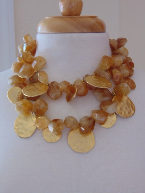 Vintage KJL Citrine Nugget Bib Necklace: Gold Plated Discs