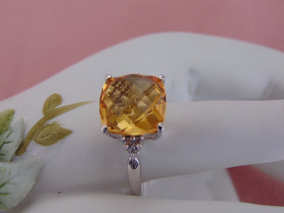 10Kt White Gold Cushion Cut Citrine and Diamond Ring - Size 6.5