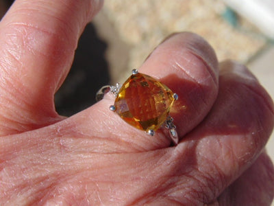 10Kt White Gold Cushion Cut Citrine and Diamond Ring - Size 6.5
