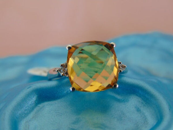 10Kt White Gold Cushion Cut Citrine and Diamond Ring - Size 6.5
