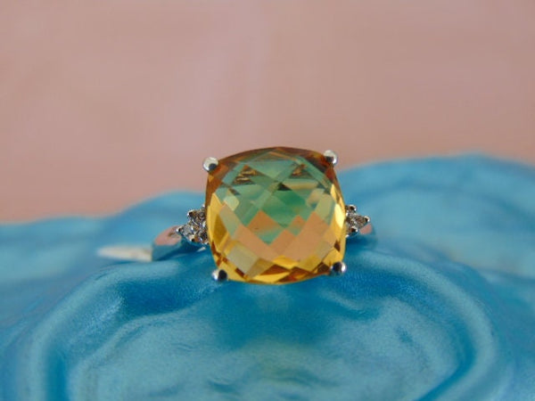 10Kt White Gold Cushion Cut Citrine and Diamond Ring - Size 6.5