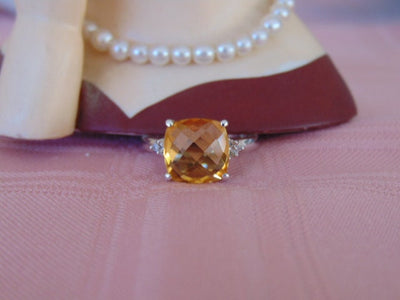 10Kt White Gold Cushion Cut Citrine and Diamond Ring - Size 6.5