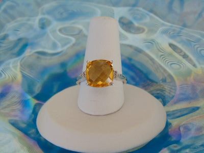10Kt White Gold Cushion Cut Citrine and Diamond Ring - Size 6.5