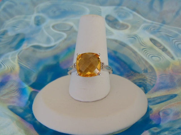 10Kt White Gold Cushion Cut Citrine and Diamond Ring - Size 6.5