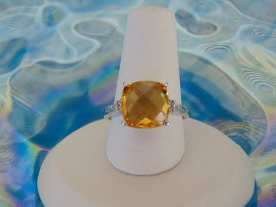 10Kt White Gold Cushion Cut Citrine and Diamond Ring - Size 6.5