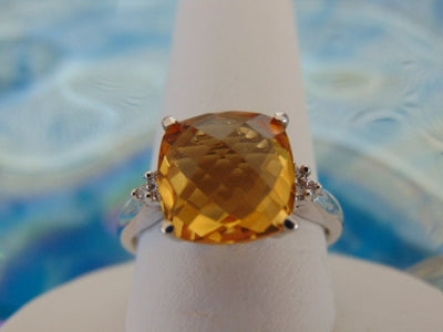 10Kt White Gold Cushion Cut Citrine and Diamond Ring - Size 6.5