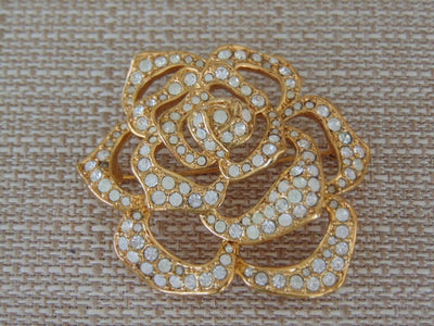 Vintage Elizabeth Taylor Passion Flower Brooch: Gold Crystal Rose Pin