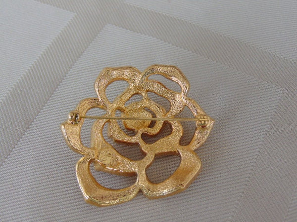 Vintage Elizabeth Taylor Passion Flower Brooch: Gold Crystal Rose Pin