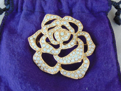 Vintage Elizabeth Taylor Passion Flower Brooch: Gold Crystal Rose Pin
