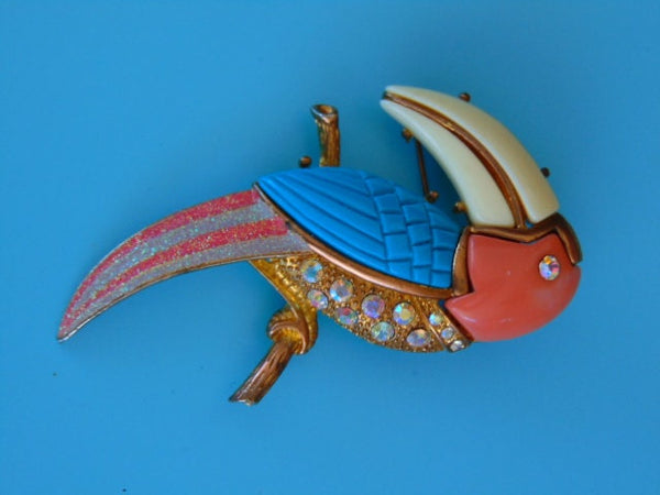 Vintage Lucite Parrot Brooch: Aurora Borealis Rhinestones, Mid Century Modern