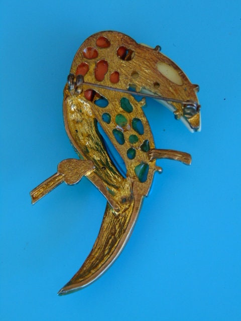 Vintage Lucite Parrot Brooch: Aurora Borealis Rhinestones, Mid Century Modern