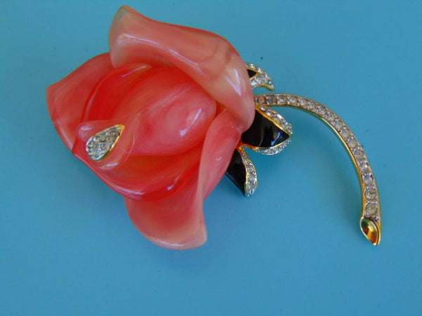 Vintage KJL Pink Enameled Crystal Flower Brooch