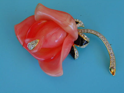 Vintage KJL Pink Enameled Crystal Flower Brooch