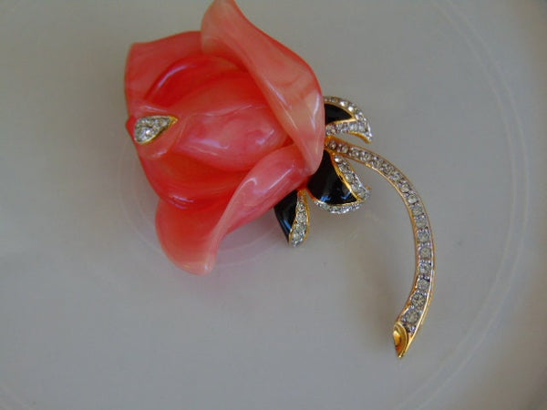 Vintage KJL Pink Enameled Crystal Flower Brooch
