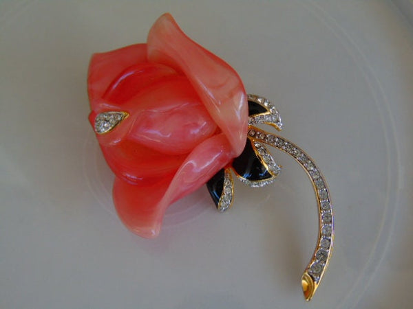 Vintage KJL Pink Enameled Crystal Flower Brooch