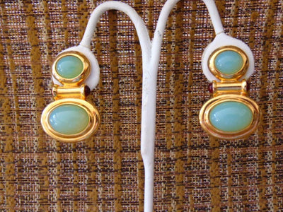 Elizabeth Taylor Clip On Earrings-Faux Green Opal Gold Earrings, Kenneth Jay Lane Earrings