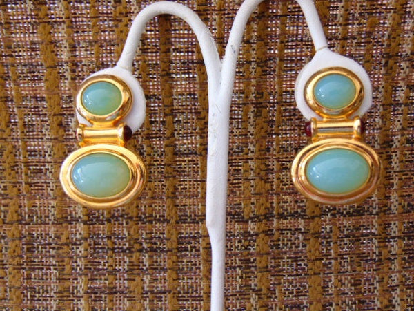 Elizabeth Taylor Clip On Earrings-Faux Green Opal Gold Earrings, Kenneth Jay Lane Earrings