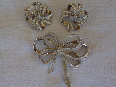 Vintage KJL Rhinestone Bow Brooch and Clip Earring Set
