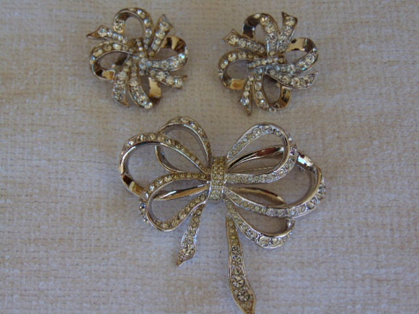 Vintage KJL Rhinestone Bow Brooch and Clip Earring Set