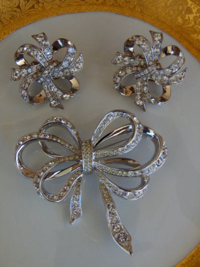 Vintage KJL Rhinestone Bow Brooch and Clip Earring Set