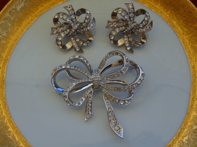 Vintage KJL Rhinestone Bow Brooch and Clip Earring Set