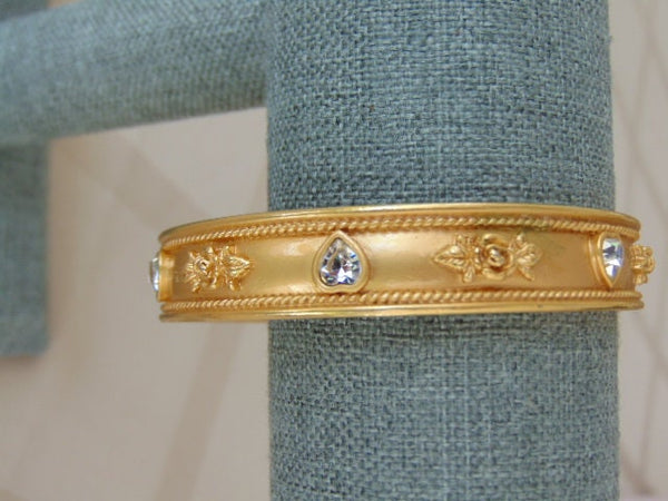 Vintage Liz Taylor Gold Bangle Bracelet: Crystal Heart & Rose Design