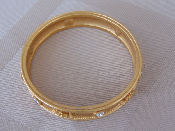 Vintage Liz Taylor Gold Bangle Bracelet: Crystal Heart & Rose Design