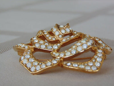 Vintage Elizabeth Taylor Passion Flower Brooch: Gold Crystal Rose Pin