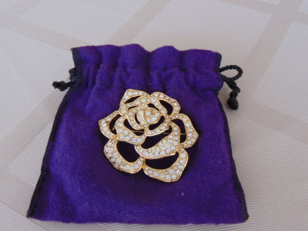 Vintage Elizabeth Taylor Passion Flower Brooch: Gold Crystal Rose Pin