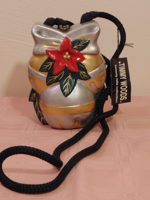 Vintage Timmy Woods Poinsettia Purse: Acacia Wood Christmas Bag