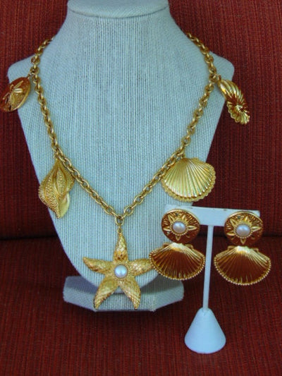 Vintage KJL Royal Sea Collection: Necklace and Clip On Earrings Set