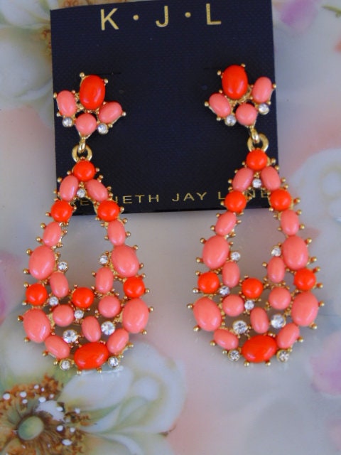 Vintage KJL Peach Crystal Drop Earrings: Summer Dangle Earrings