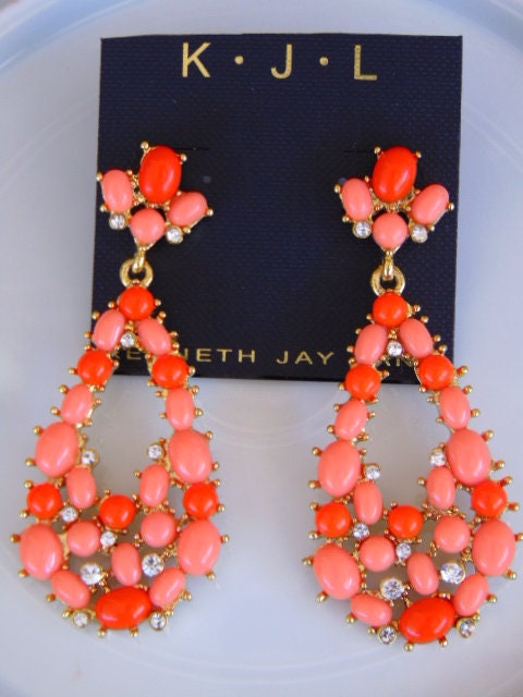 Vintage KJL Peach Crystal Drop Earrings: Summer Dangle Earrings