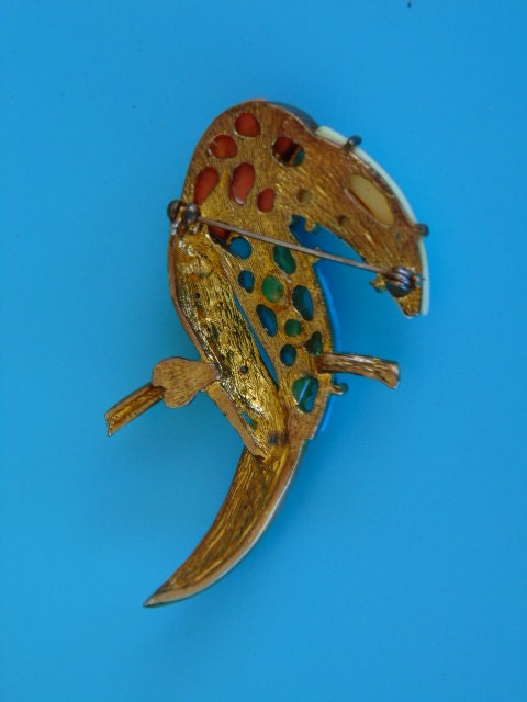 Vintage Lucite Parrot Brooch: Aurora Borealis Rhinestones, Mid Century Modern