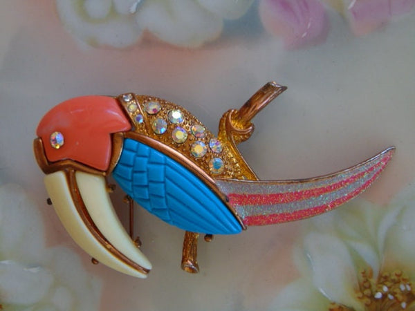 Vintage Lucite Parrot Brooch: Aurora Borealis Rhinestones, Mid Century Modern