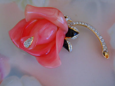 Vintage KJL Pink Enameled Crystal Flower Brooch