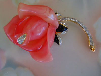 Vintage KJL Pink Enameled Crystal Flower Brooch