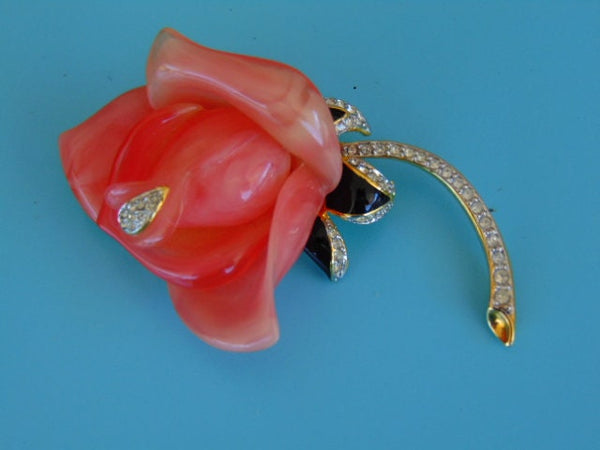 Vintage KJL Pink Enameled Crystal Flower Brooch