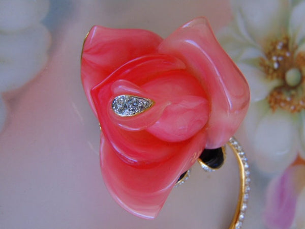 Vintage KJL Pink Enameled Crystal Flower Brooch
