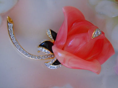 Vintage KJL Pink Enameled Crystal Flower Brooch