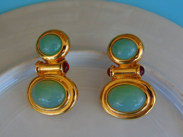 Elizabeth Taylor Clip On Earrings-Faux Green Opal Gold Earrings, Kenneth Jay Lane Earrings