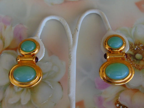 Elizabeth Taylor Clip On Earrings-Faux Green Opal Gold Earrings, Kenneth Jay Lane Earrings