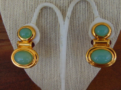 Elizabeth Taylor Clip On Earrings-Faux Green Opal Gold Earrings, Kenneth Jay Lane Earrings