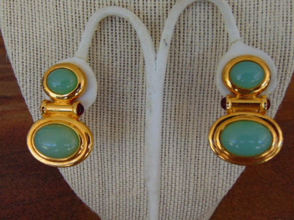 Elizabeth Taylor Clip On Earrings-Faux Green Opal Gold Earrings, Kenneth Jay Lane Earrings