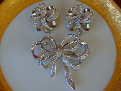 Vintage KJL Rhinestone Bow Brooch and Clip Earring Set