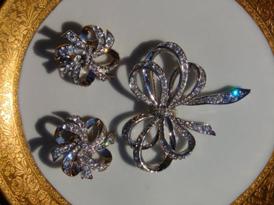 Vintage KJL Rhinestone Bow Brooch and Clip Earring Set