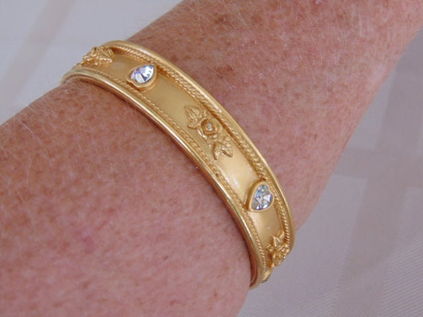Vintage Liz Taylor Gold Bangle Bracelet: Crystal Heart & Rose Design