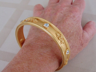 Vintage Liz Taylor Gold Bangle Bracelet: Crystal Heart & Rose Design