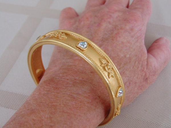 Vintage Liz Taylor Gold Bangle Bracelet: Crystal Heart & Rose Design